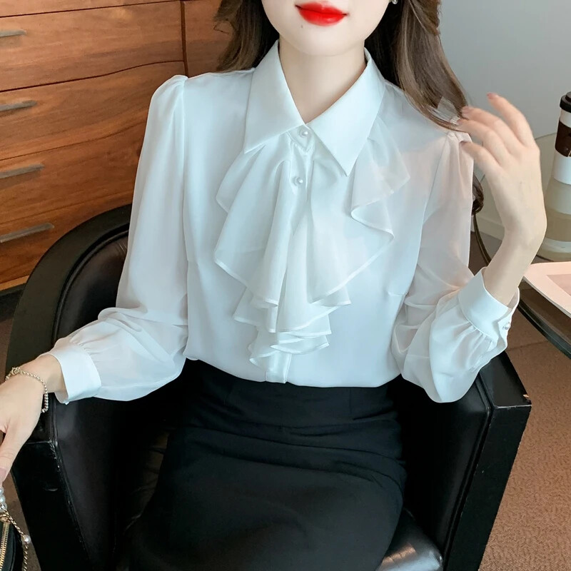 Naised Valged volangid Sifonki särgid Korea mood Riietus Kausaalne Blusas Mujer Elegantne kontor Naiste topid Pluusid Sügis Talv