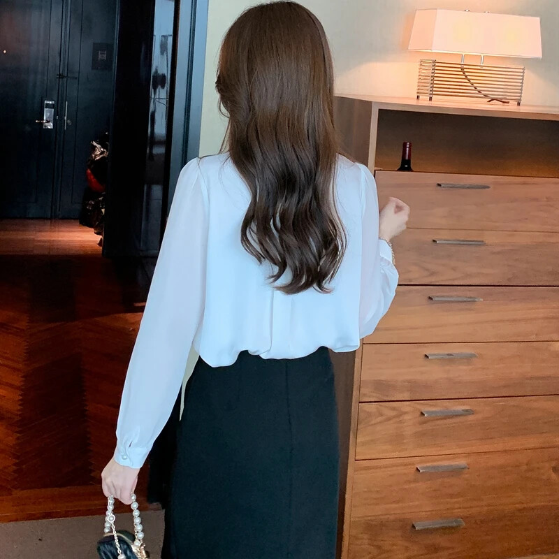 Naised Valged volangid Sifonki särgid Korea mood Riietus Kausaalne Blusas Mujer Elegantne kontor Naiste topid Pluusid Sügis Talv