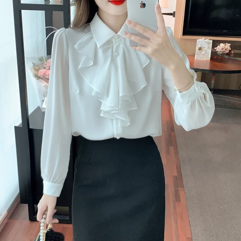 Naised Valged volangid Sifonki särgid Korea mood Riietus Kausaalne Blusas Mujer Elegantne kontor Naiste topid Pluusid Sügis Talv