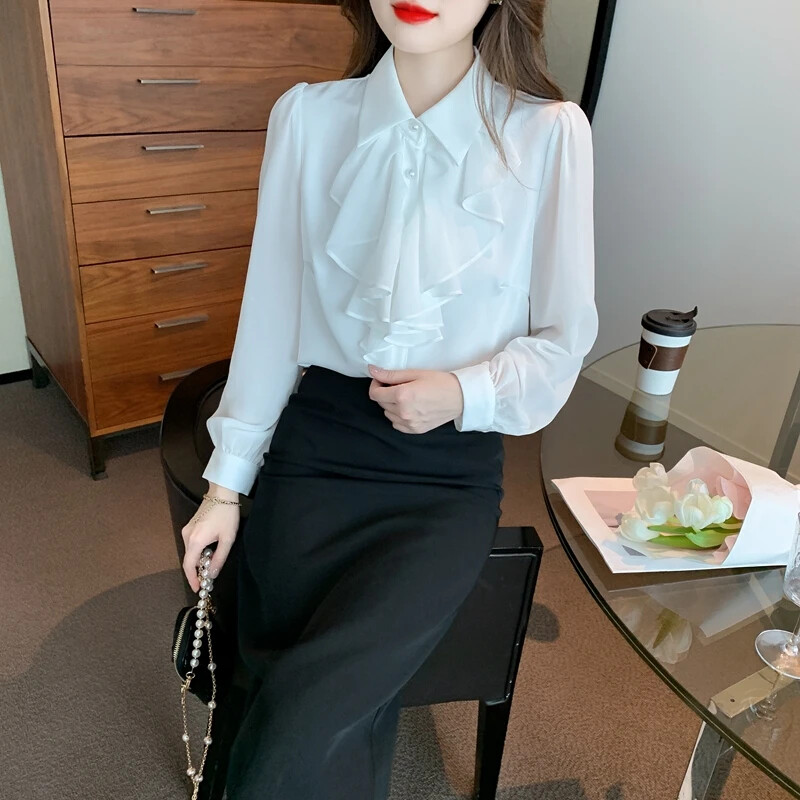 Naised Valged volangid Sifonki särgid Korea mood Riietus Kausaalne Blusas Mujer Elegantne kontor Naiste topid Pluusid Sügis Talv