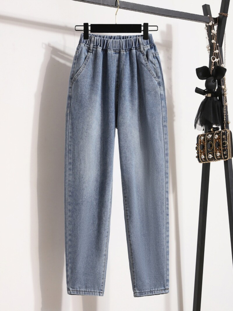 Liela izmēra džinsi ar augstu jostasvietu Modes brīvi elastīgi jostasvietas ikdienas Harlan Pants sieviešu 2024. gada rudens jaunas džinsa bikses līdz potītēm