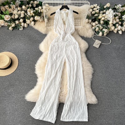 Летен плътен секси клубен гащеризон без ръкави с V-образно деколте Бандажен гащеризон Дамски уличен гащеризон с висока талия и широки крачоли Mujer Ежедневен семпъл