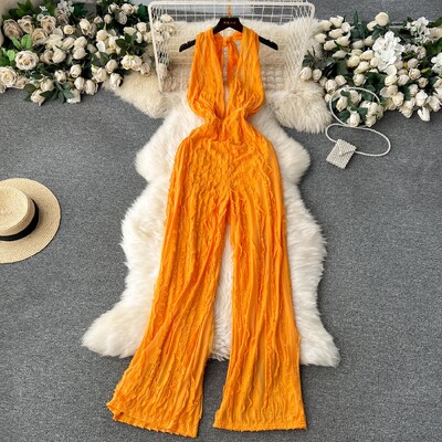 Летен плътен секси клубен гащеризон без ръкави с V-образно деколте Бандажен гащеризон Дамски уличен гащеризон с висока талия и широки крачоли Mujer Ежедневен семпъл