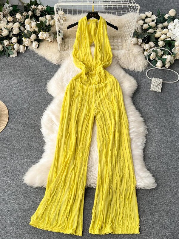 Летен плътен секси клубен гащеризон без ръкави с V-образно деколте Бандажен гащеризон Дамски уличен гащеризон с висока талия и широки крачоли Mujer Ежедневен семпъл