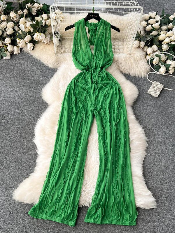 Летен плътен секси клубен гащеризон без ръкави с V-образно деколте Бандажен гащеризон Дамски уличен гащеризон с висока талия и широки крачоли Mujer Ежедневен семпъл