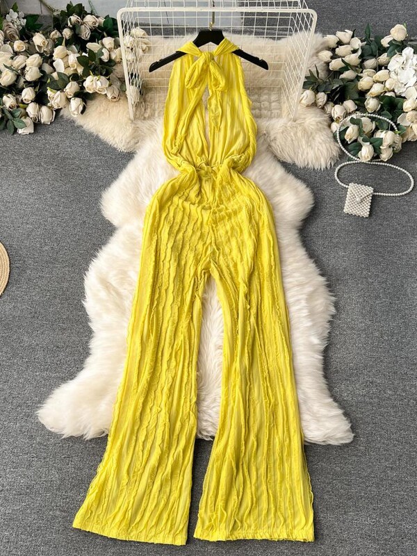 Летен плътен секси клубен гащеризон без ръкави с V-образно деколте Бандажен гащеризон Дамски уличен гащеризон с висока талия и широки крачоли Mujer Ежедневен семпъл