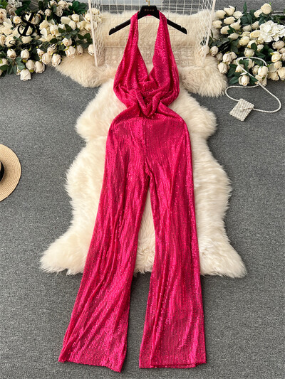 SINGREINY American Senior Gampsuit Solid Bodycon Long Romper Fashion Halter Neck Swing Collar Sexy Long Rompers Без гръб