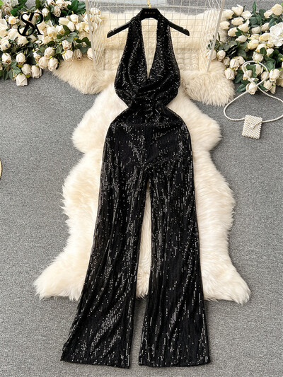 SINGREINY American Senior Gampsuit Solid Bodycon Long Romper Fashion Halter Neck Swing Collar Sexy Long Rompers Без гръб