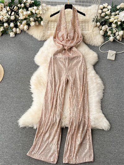 SINGREINY American Senior Gampsuit Solid Bodycon Long Romper Fashion Halter Neck Swing Collar Sexy Long Rompers Без гръб