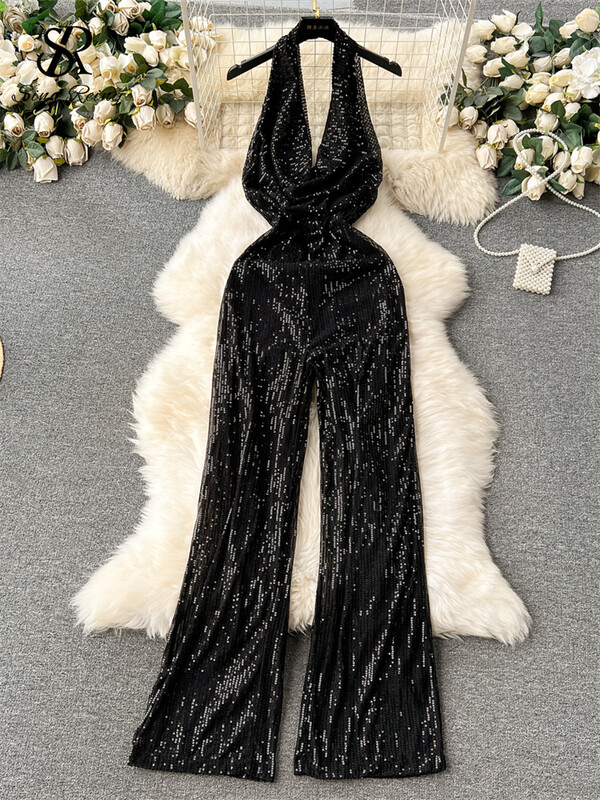 SINGREINY American Senior Gampsuit Solid Bodycon Long Romper Fashion Halter Neck Swing Collar Sexy Long Rompers Без гръб