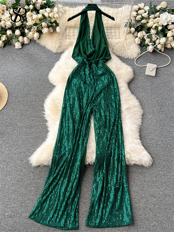 SINGREINY American Senior Gampsuit Solid Bodycon Long Romper Fashion Halter Neck Swing Collar Sexy Long Rompers Без гръб