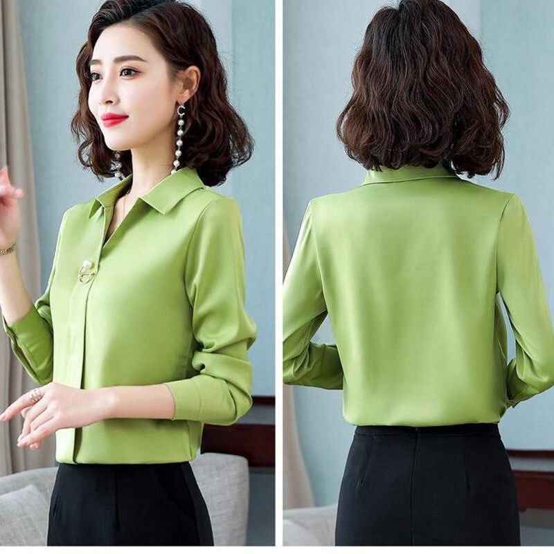 Temperamenta blūze ar garām piedurknēm brīva blūze pavasaris rudens Jauna vienkrāsaina polo kakla biroja kreklu topi Eleganti modes sieviešu apģērbi