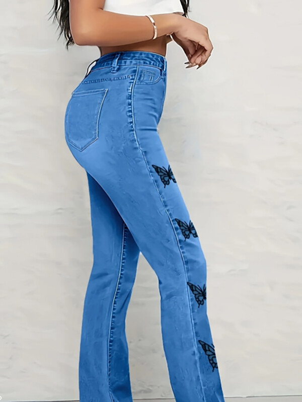 2024. gada rudens bikses ar augstu vidukli ar tauriņu apdruku Y2K džinsi sievietēm Modes, brīvas džinsa bikses ar platām kājām ikdienas apģērbs