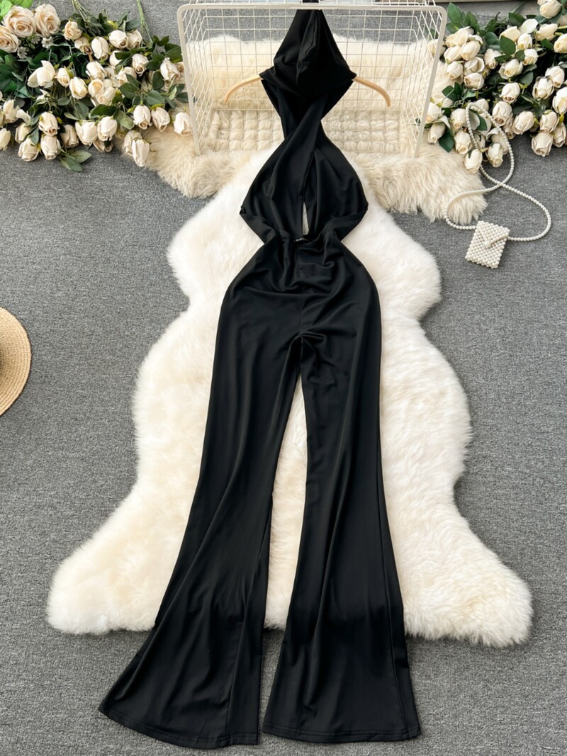 Foamlina sieviešu kombinezoni ar melnu kapuci Sexy Criss Cross Cut Out bez piedurknēm bez atzveltnes bez aizmugures ar augstu vidukli.