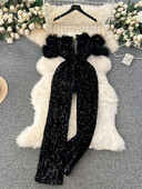 Дамски черни готически ретро гащеризони Гащеризони с пайети Y2k модни корейски гащеризони с висока талия и широки крачоли Емо кокетни дрехи 2024