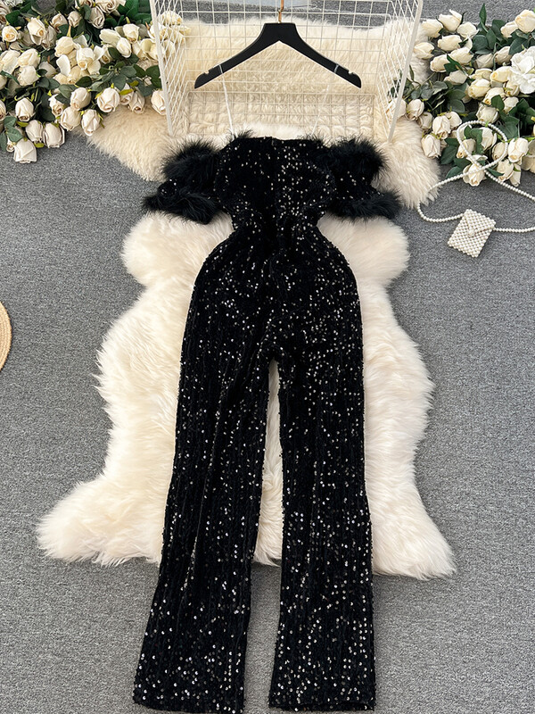 Дамски черни готически ретро гащеризони Гащеризони с пайети Y2k модни корейски гащеризони с висока талия и широки крачоли Емо кокетни дрехи 2024