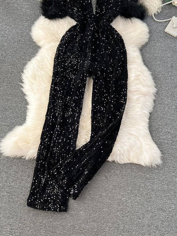 Дамски черни готически ретро гащеризони Гащеризони с пайети Y2k модни корейски гащеризони с висока талия и широки крачоли Емо кокетни дрехи 2024