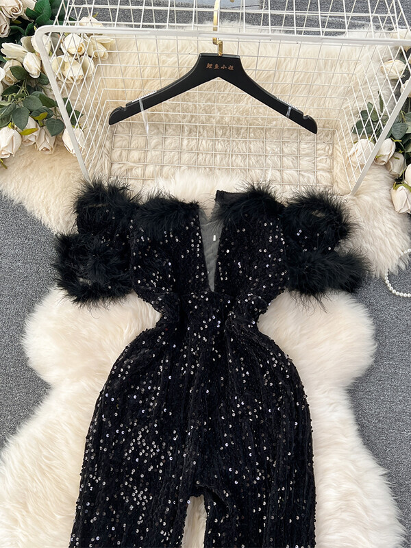 Дамски черни готически ретро гащеризони Гащеризони с пайети Y2k модни корейски гащеризони с висока талия и широки крачоли Емо кокетни дрехи 2024