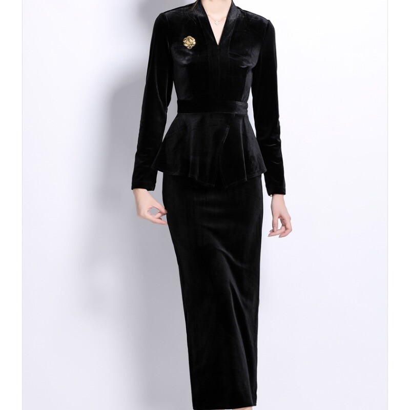 Sieviešu V-veida kakla izgriezums, vintage, garām piedurknēm, metāla sprādze, tievs tops ar augstu vidukli, sadalīti samta svārki franču vakara High Street ziemas apģērbi