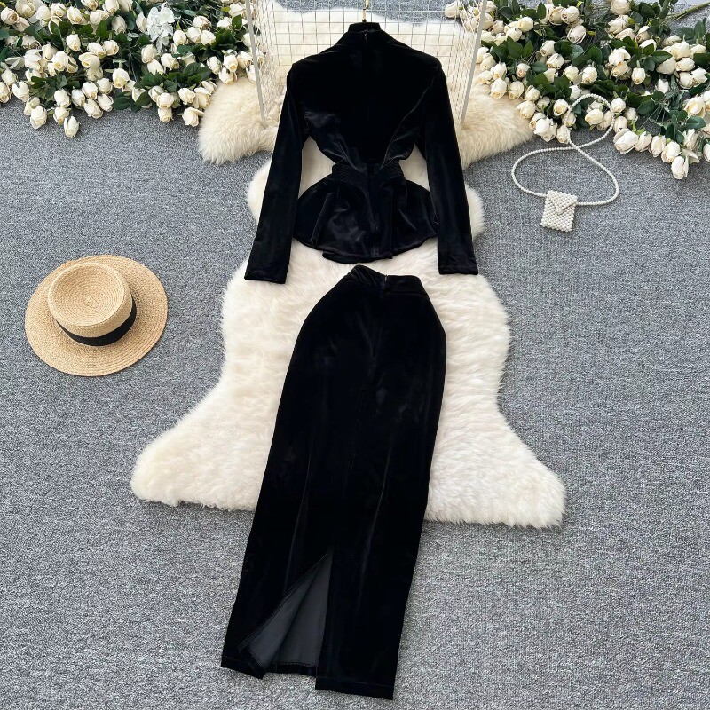 Sieviešu V-veida kakla izgriezums, vintage, garām piedurknēm, metāla sprādze, tievs tops ar augstu vidukli, sadalīti samta svārki franču vakara High Street ziemas apģērbi