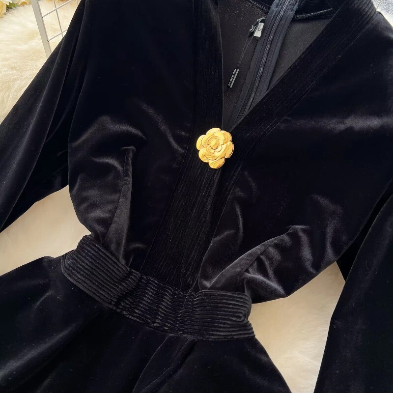 Sieviešu V-veida kakla izgriezums, vintage, garām piedurknēm, metāla sprādze, tievs tops ar augstu vidukli, sadalīti samta svārki franču vakara High Street ziemas apģērbi