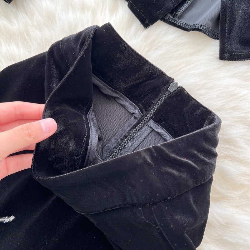 Sieviešu V-veida kakla izgriezums, vintage, garām piedurknēm, metāla sprādze, tievs tops ar augstu vidukli, sadalīti samta svārki franču vakara High Street ziemas apģērbi