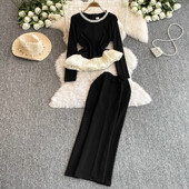 Eleganti sieviešu divdaļīgie komplekti Vintage O veida kakla izšūšana ar krellēm, kas savienota ar augstu vidukli, sadalīti svārki High Street rudens ziemas apģērbs