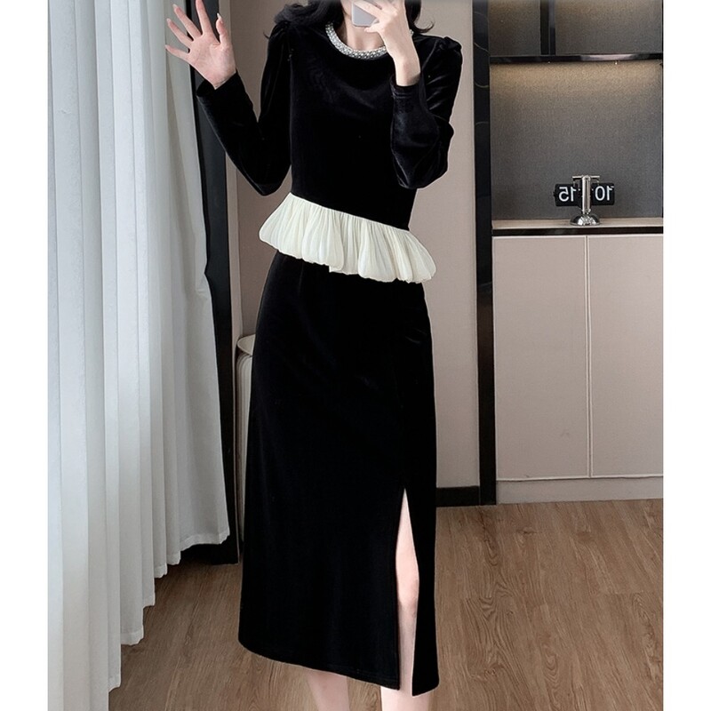 Eleganti sieviešu divdaļīgie komplekti Vintage O veida kakla izšūšana ar krellēm, kas savienota ar augstu vidukli, sadalīti svārki High Street rudens ziemas apģērbs