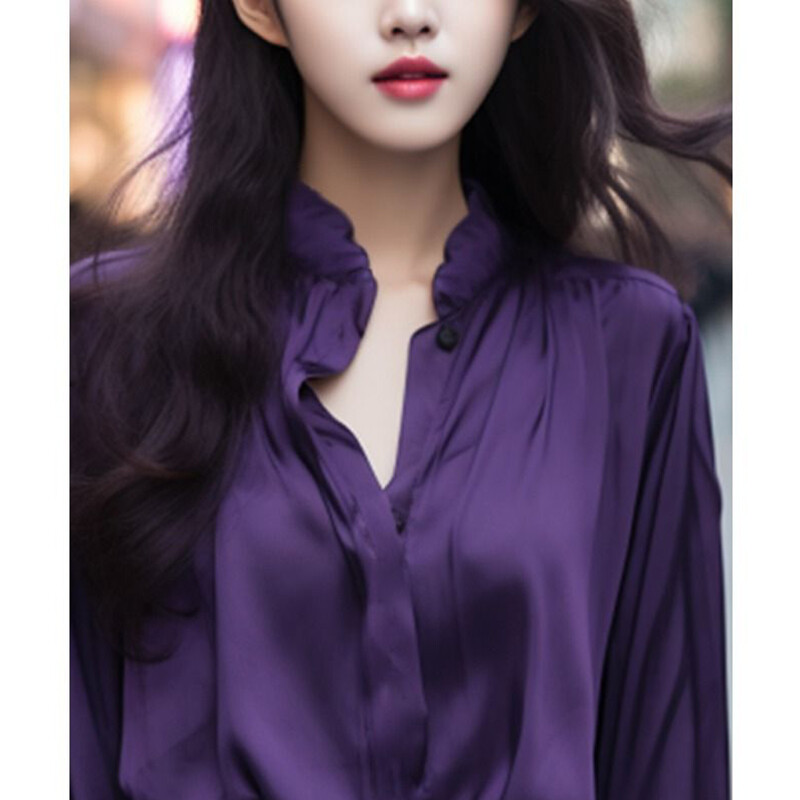 Pavasara un vasaras statīvs apkakle Eleganta modes blūze ar garām piedurknēm Sieviešu temperaments vienkrāsains Vispārpiemērots sieviešu krekls ar jaciņu