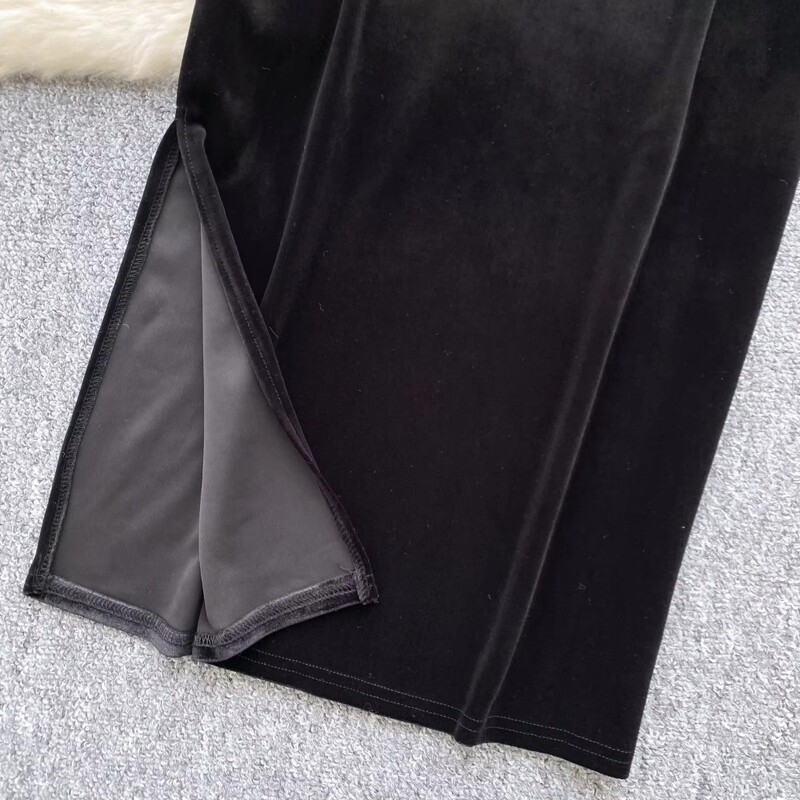 Елегантно О-образно деколте, дълъг ръкав, шикозно тънко горнище с волани и висока талия, френско улично зимно кадифено облекло