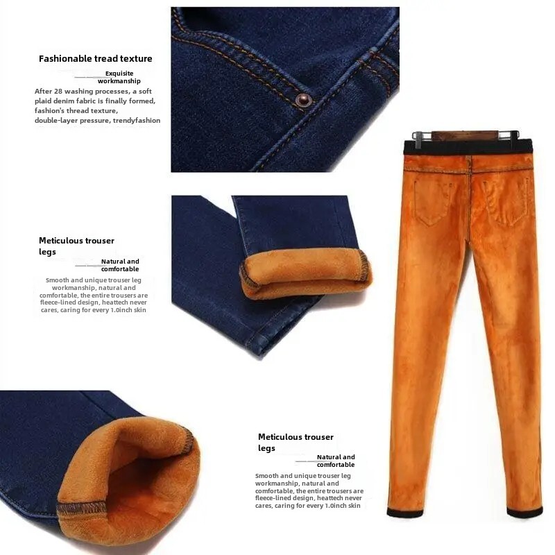 Soojast puuvillast vatitud püksid Naiste kõrge vöökohaga teksad Fliisvoodriga paksendatud mikroelastsed salendavad vööpüksid Trendikad