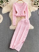 Корейски елегантен плътен плетен костюм с пола Y2k Сладък пуловер Горнища с висока талия Разделена пола по тялото Есенни комплекти от две части Нови тоалети