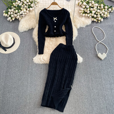 Корейски елегантен плътен плетен костюм с пола Y2k Сладък пуловер Горнища с висока талия Разделена пола по тялото Есенни комплекти от две части Нови тоалети