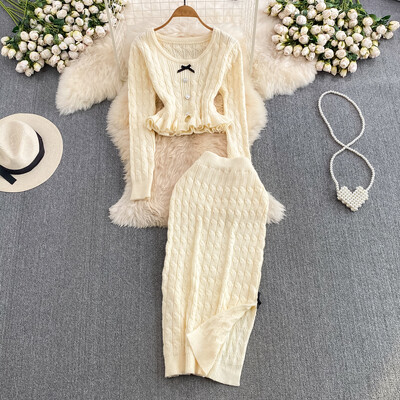 Корейски елегантен плътен плетен костюм с пола Y2k Сладък пуловер Горнища с висока талия Разделена пола по тялото Есенни комплекти от две части Нови тоалети