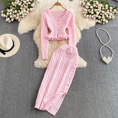 Корейски елегантен плътен плетен костюм с пола Y2k Сладък пуловер Горнища с висока талия Разделена пола по тялото Есенни комплекти от две части Нови тоалети