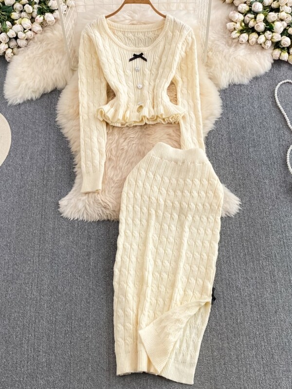 Корейски елегантен плътен плетен костюм с пола Y2k Сладък пуловер Горнища с висока талия Разделена пола по тялото Есенни комплекти от две части Нови тоалети