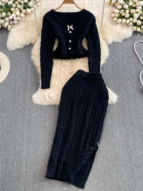 Корейски елегантен плътен плетен костюм с пола Y2k Сладък пуловер Горнища с висока талия Разделена пола по тялото Есенни комплекти от две части Нови тоалети