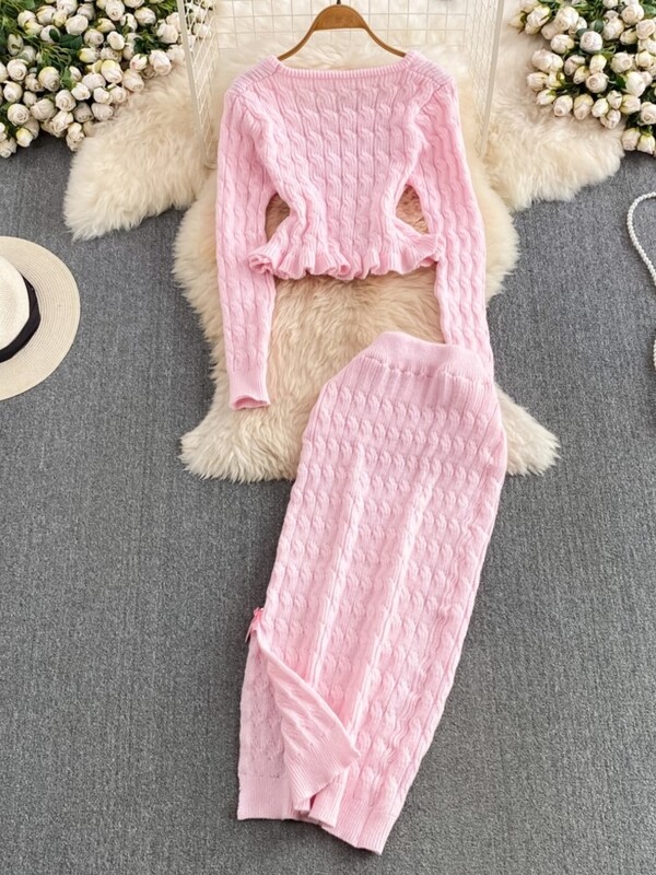 Корейски елегантен плътен плетен костюм с пола Y2k Сладък пуловер Горнища с висока талия Разделена пола по тялото Есенни комплекти от две части Нови тоалети