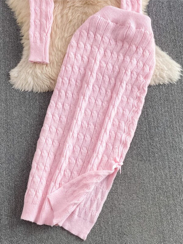 Корейски елегантен плътен плетен костюм с пола Y2k Сладък пуловер Горнища с висока талия Разделена пола по тялото Есенни комплекти от две части Нови тоалети