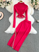 XFPV Дамски еластичен къс плетен пуловер с високо деколте Горна част с висока талия Пола от две части Комплект Y2k Мода Есен Зима 2025 г.