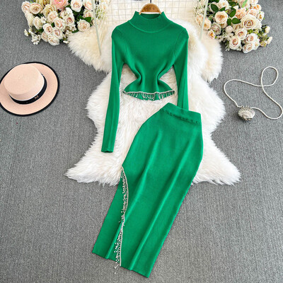 XFPV Дамски еластичен къс плетен пуловер с високо деколте Горна част с висока талия Пола от две части Комплект Y2k Мода Есен Зима 2025 г.