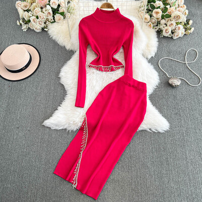 XFPV Дамски еластичен къс плетен пуловер с високо деколте Горна част с висока талия Пола от две части Комплект Y2k Мода Есен Зима 2025 г.