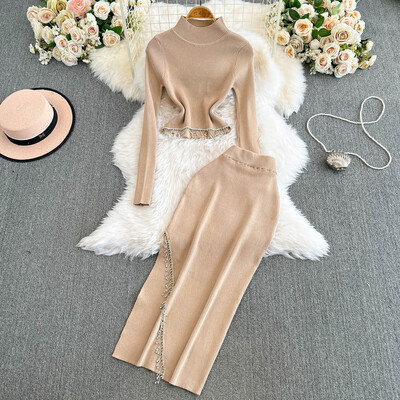 XFPV Дамски еластичен къс плетен пуловер с високо деколте Горна част с висока талия Пола от две части Комплект Y2k Мода Есен Зима 2025 г.