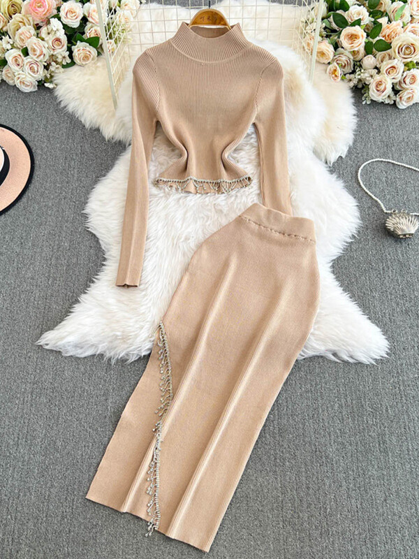 XFPV Дамски еластичен къс плетен пуловер с високо деколте Горна част с висока талия Пола от две части Комплект Y2k Мода Есен Зима 2025 г.