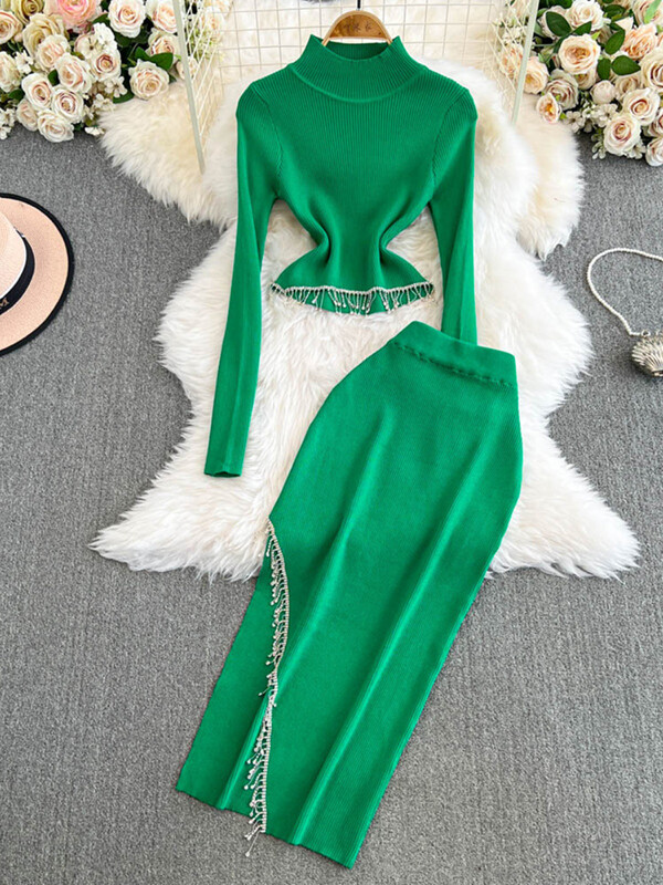 XFPV Дамски еластичен къс плетен пуловер с високо деколте Горна част с висока талия Пола от две части Комплект Y2k Мода Есен Зима 2025 г.