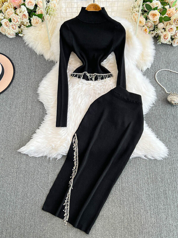 XFPV Дамски еластичен къс плетен пуловер с високо деколте Горна част с висока талия Пола от две части Комплект Y2k Мода Есен Зима 2025 г.