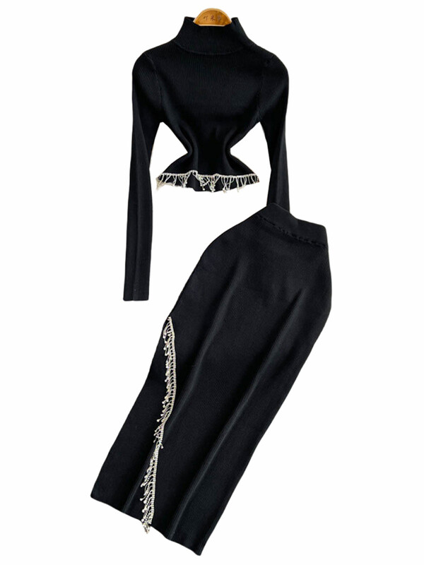 XFPV Дамски еластичен къс плетен пуловер с високо деколте Горна част с висока талия Пола от две части Комплект Y2k Мода Есен Зима 2025 г.