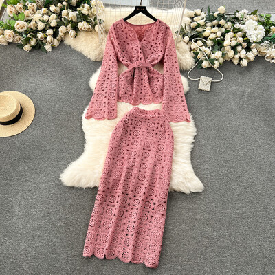 XFPV naiste V-kaelusega avara pitsiga varrukas, keskmise pikkusega vöötopid kõrge vöökohaga A-line seelik kaheosaline komplekt 2025. aasta kevadsuvi SM10207