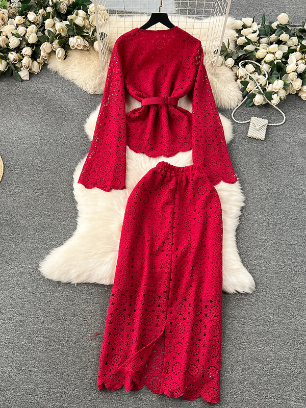 XFPV naiste V-kaelusega avara pitsiga varrukas, keskmise pikkusega vöötopid kõrge vöökohaga A-line seelik kaheosaline komplekt 2025. aasta kevadsuvi SM10207