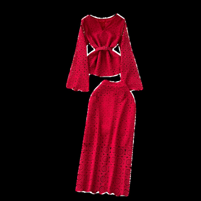 XFPV naiste V-kaelusega avara pitsiga varrukas, keskmise pikkusega vöötopid kõrge vöökohaga A-line seelik kaheosaline komplekt 2025. aasta kevadsuvi SM10207